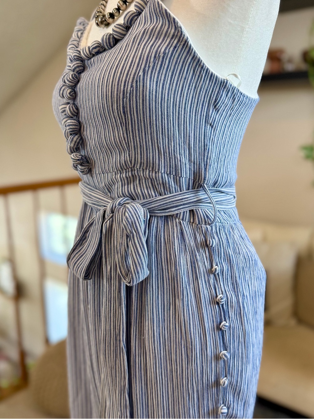 Maeve Anthropologie Romper Women’s 4 Blue/White Striped Summer Wide-Leg Jumpsuit - Picture 4 of 10